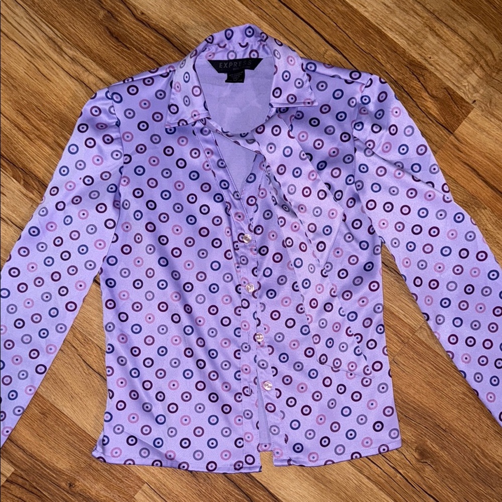 Express Purple Casual Button Down Shirt with Logo Pattern